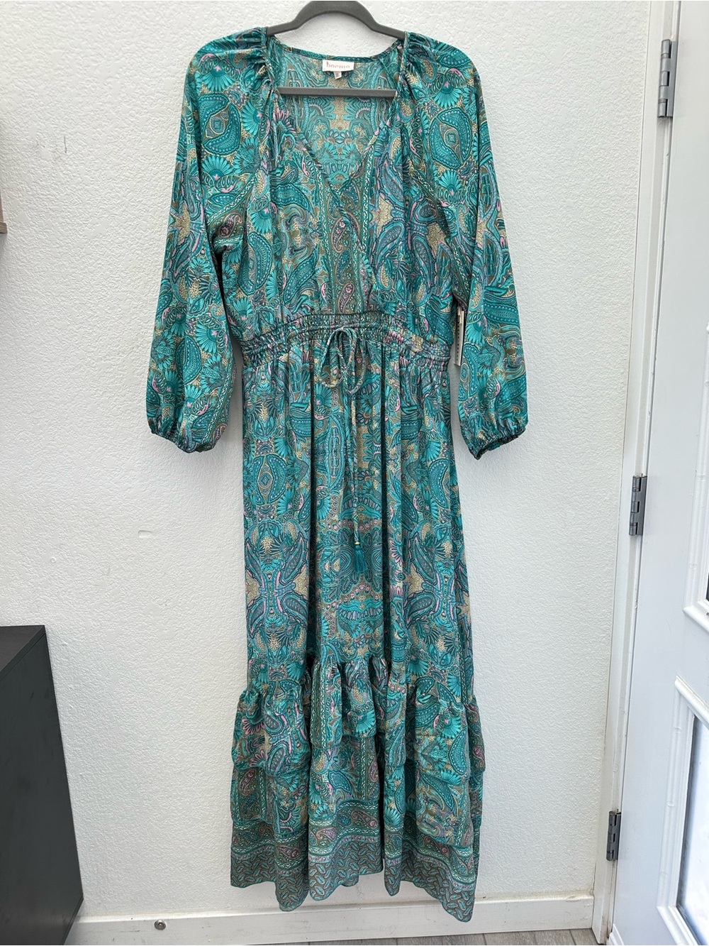 Boemo NWT Teal Paisley Print Tiered Maxi Dress XL Long Sleeve Boho Tassel Waist